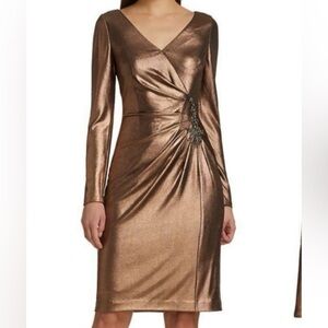 MARCHESA NOTTE V-Neck Foiled Lame Side Pleats Gold Dress NWT Size 6